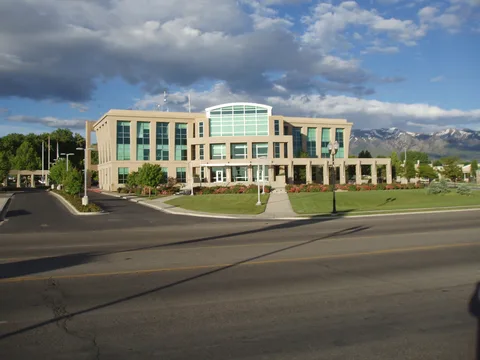 Clearfield City Center with snow-capped Wasatch peaks behind it