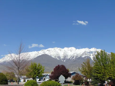 Snowcapped Mount Timpanogos above a tree-lined Orem neighborhood in spring