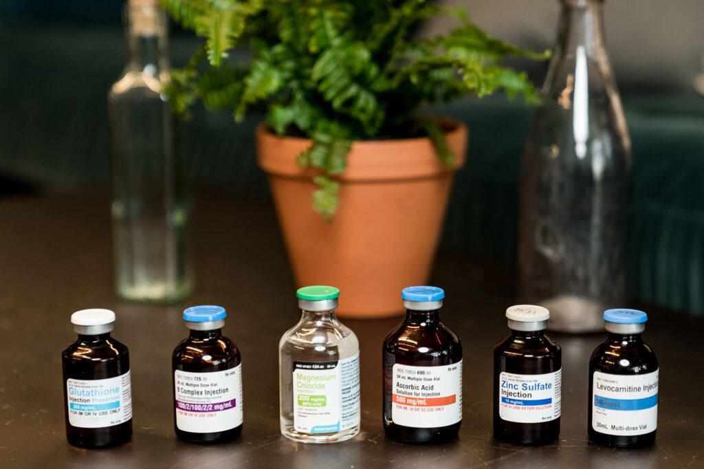 A line of vitamin vials preppred for in home IV therapy