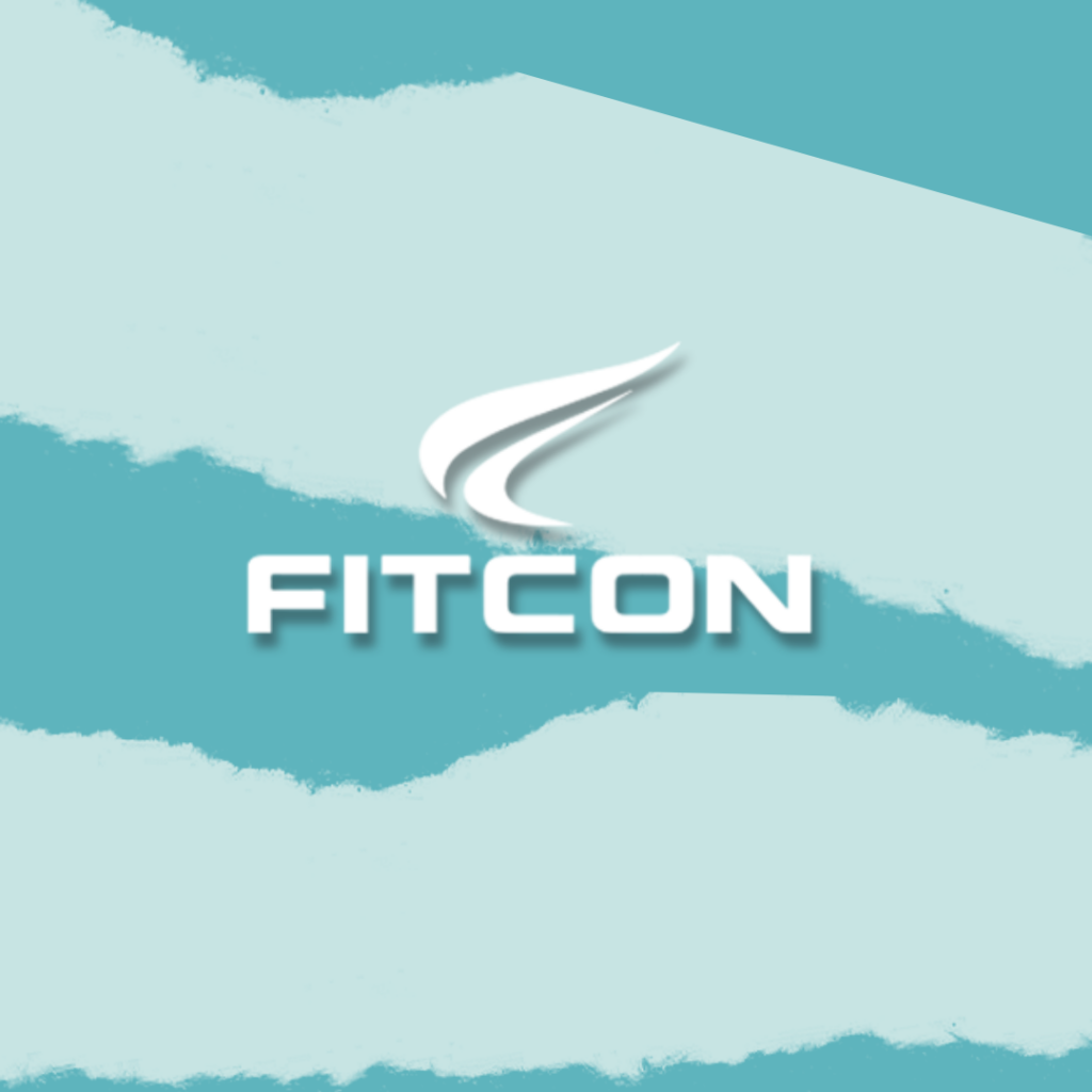 Graphic with Fitcon icon with blue stripped background