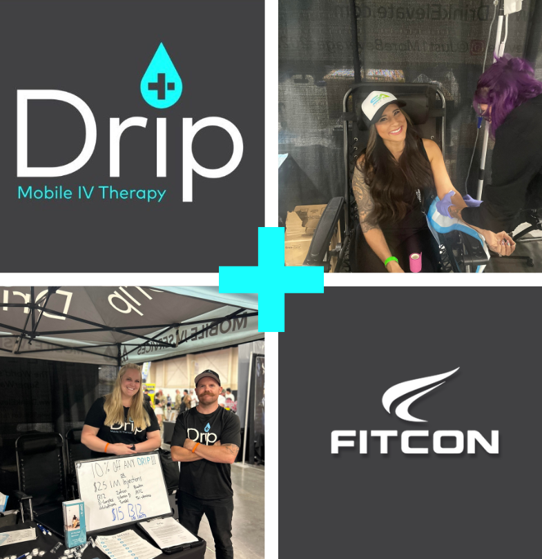 Graphic showing Drip IV logo and Fitcon logo. A nurse and owner stand together in one corner while a drip patient and nurse are in the other corner