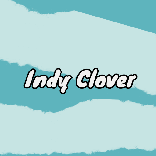 Graphic that says "Indy Clover" with blue stripped background