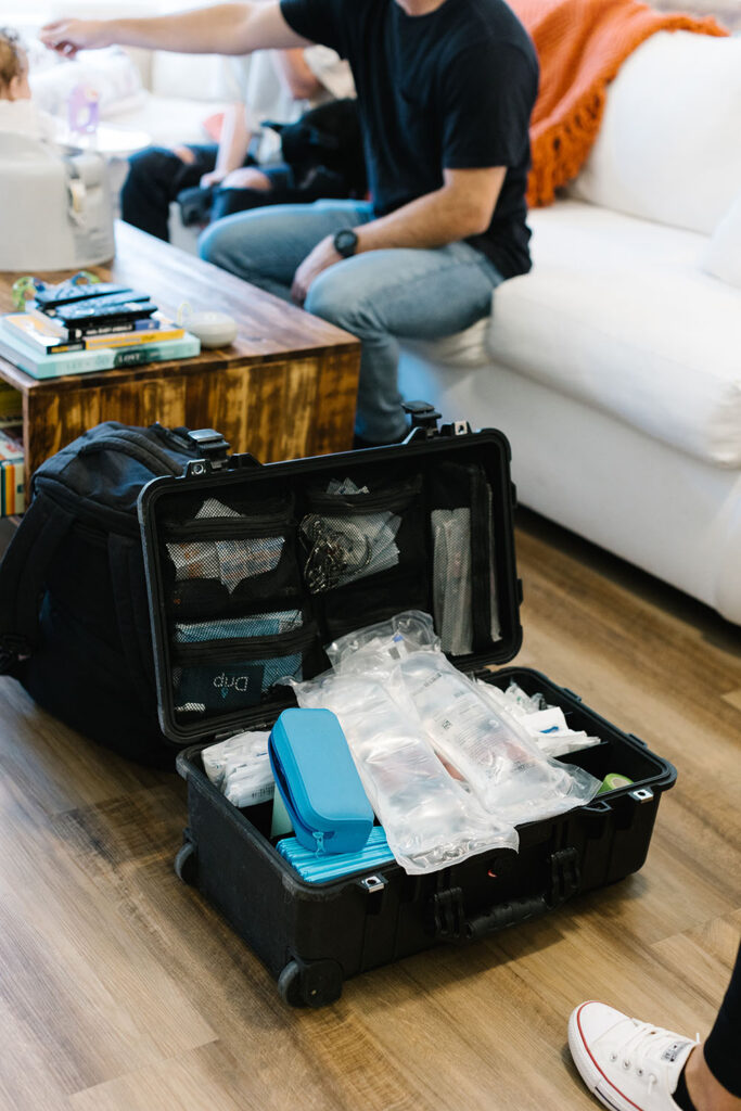 A med box with two IV bags used for iv therapy in Farmington