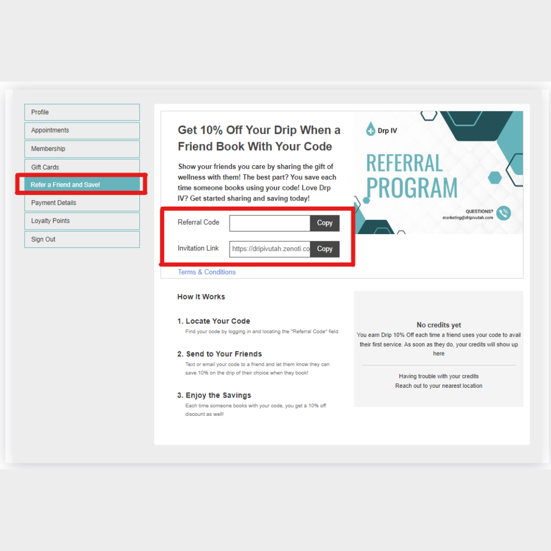 Image showing where to find referral program codes in a user's account