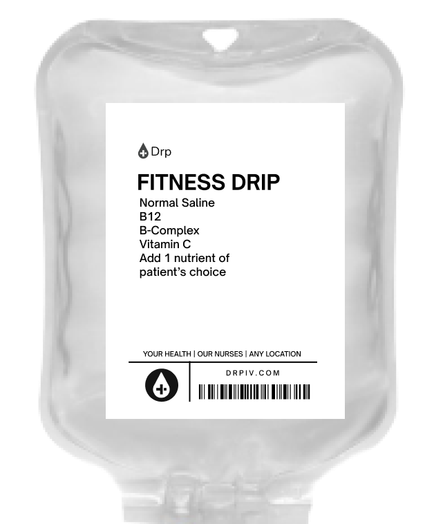 Saline IV bag graphic with a Fitness drip label that lists ingredients of the fitness drip