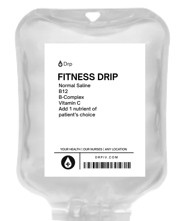 Saline IV bag graphic with a Fitness drip label that lists ingredients of the fitness drip