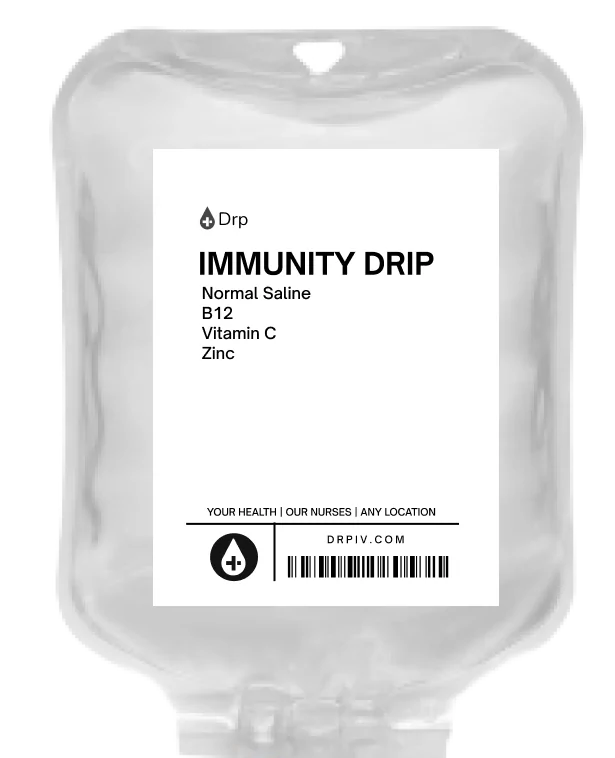 Saline IV bag graphic with a immunity drip label that lists ingredients of the immunity IV therapy