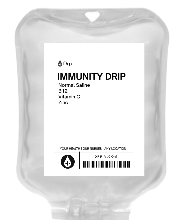 Saline IV bag graphic with a immunity drip label that lists ingredients of the immunity IV therapy