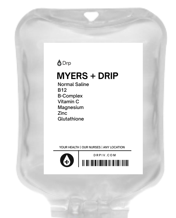 IV bag graphic with ingredients in wellness drip Myers drip