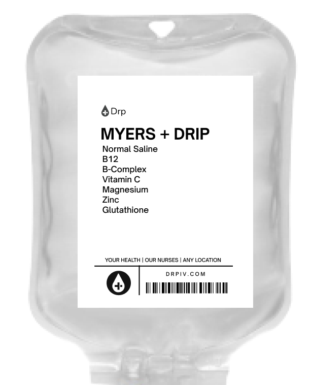 Myers Cocktail Ingredients list on an IV fluids bag