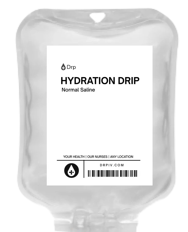 Hydration drip ingredients listed on a saline bag