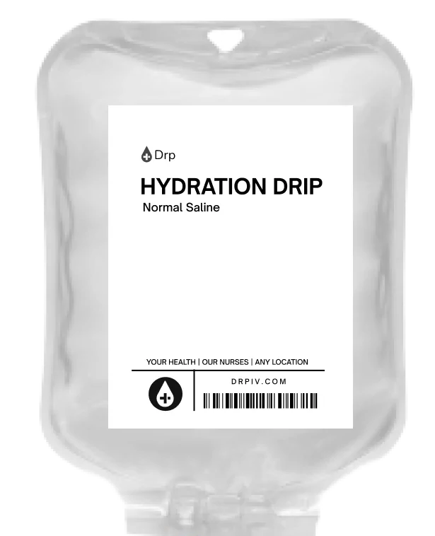 Hydration IV ingredients listed on a saline bag