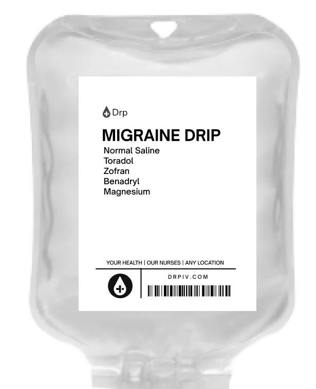 Migraine infusion therapy ingredients listed out on saline bag