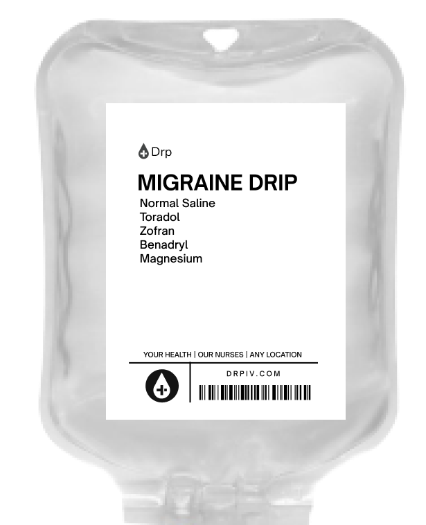 Migraine infusion therapy ingredients listed out on saline bag