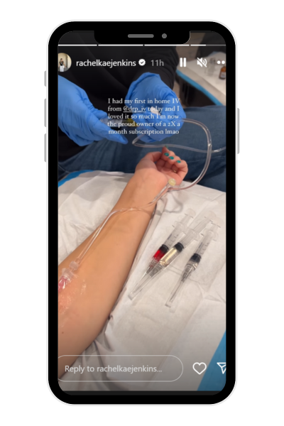 IV therapy membership review on instagram story. Extended arm with IV placed and gloved hands administering liquid vitamin.