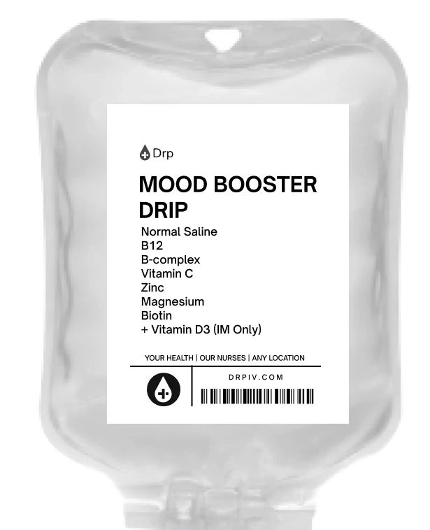 In Home IV bag for Mood Booster Drip with a list of the ingredients.